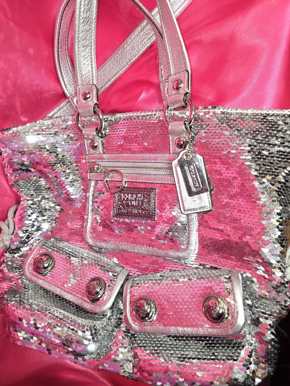 Coach Silver Sequin Shoulder Bag with Metallic Trim Spotlight Poppy Y2k - Picture 12 of 16